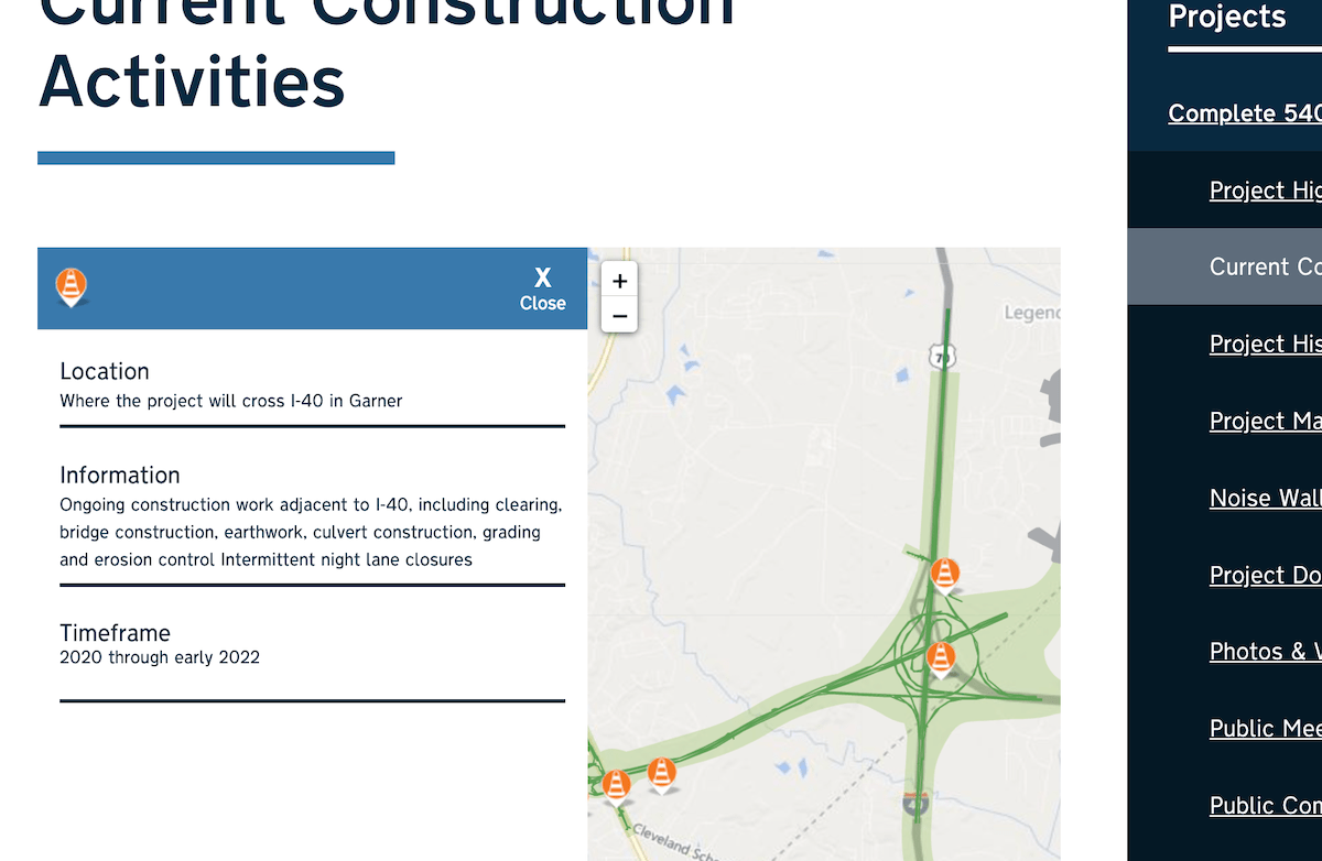 Screenshots from the Complete I-540 Project Map project