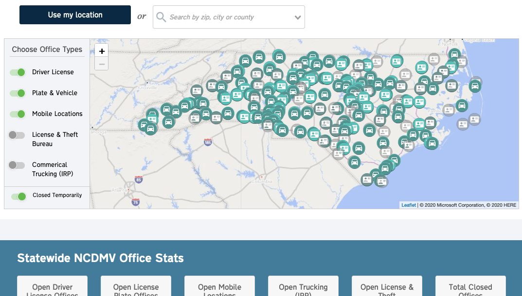 Screenshots from the NCDMV Office Locations Map project