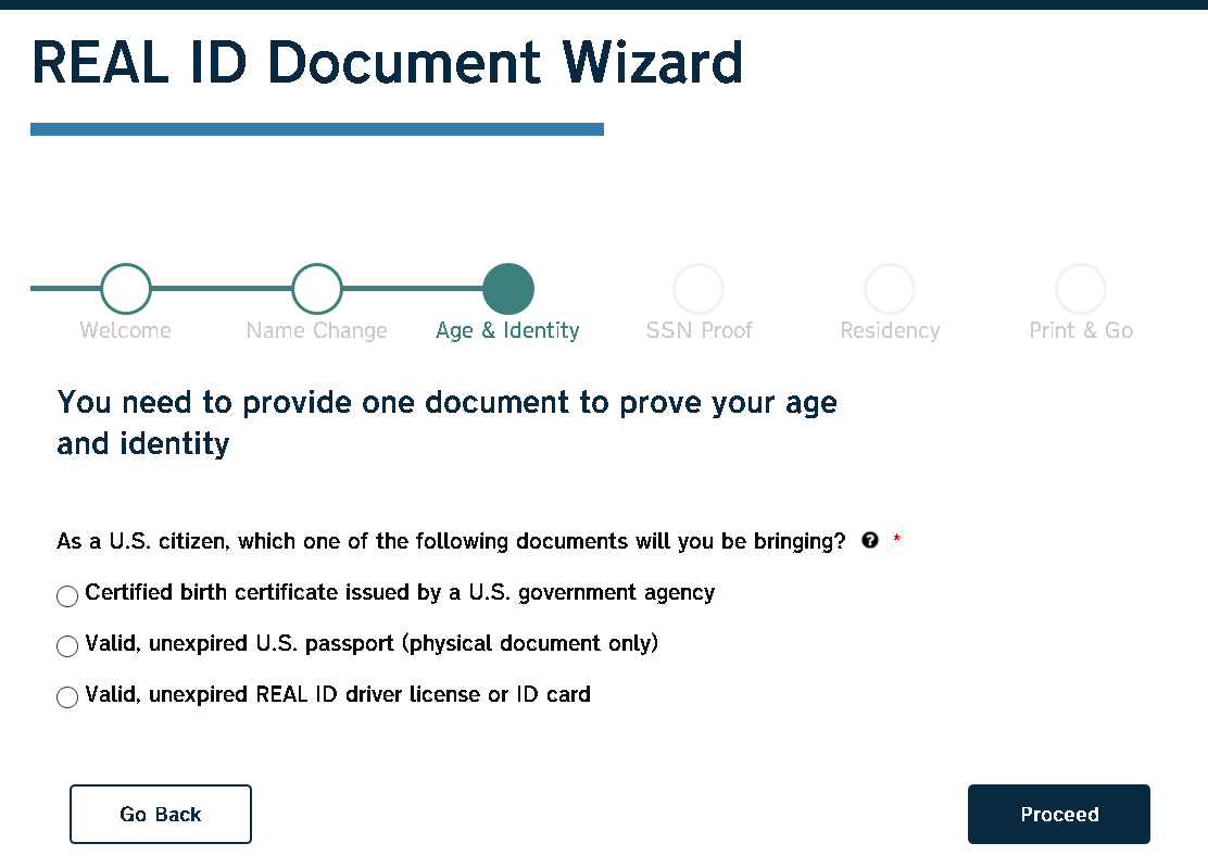 Screenshots from the NCDMV REAL ID Wizard project
